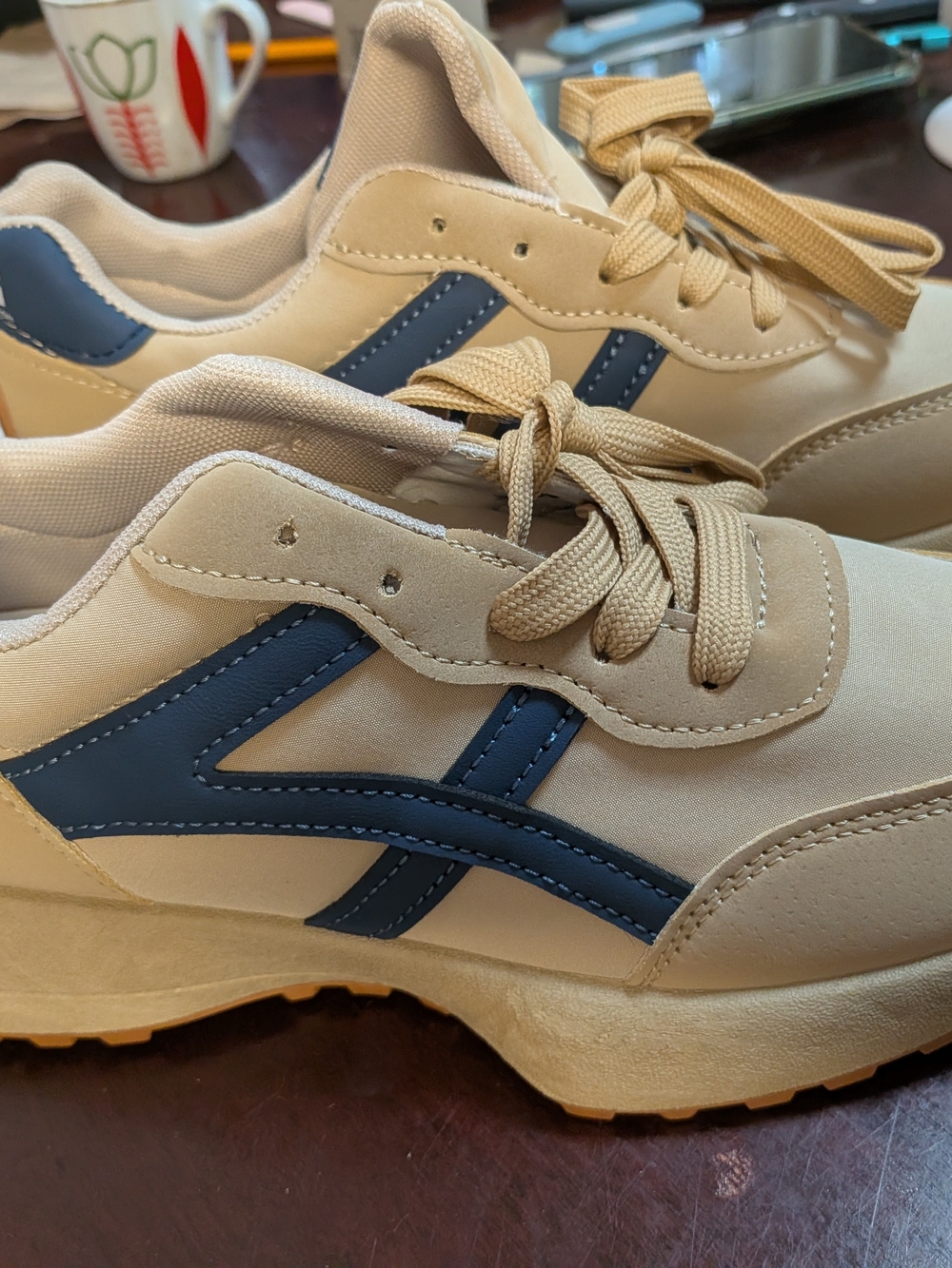 Beige and Navy Women's Retro Trainer Sneakers - Picture 3 of 7